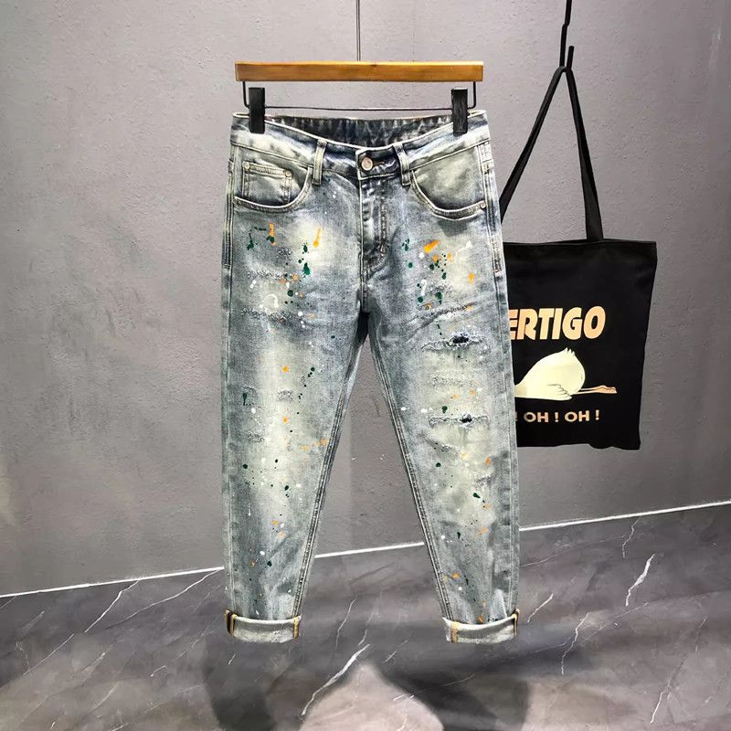 Jeans strappati e verniciati, alla moda, leggeri e di lusso, da uomo, pantaloni casual skinny elasticizzati alla moda._voghion.com