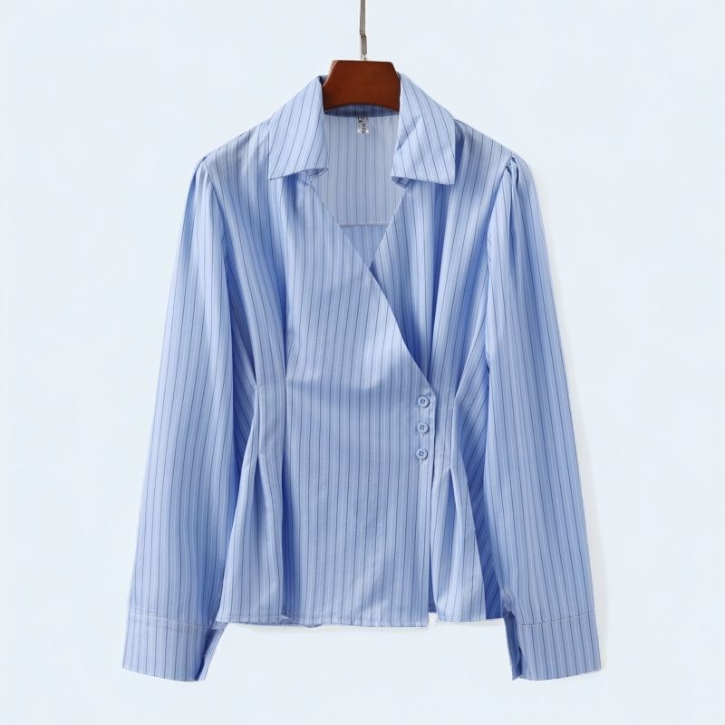 Women's Clothing Striped Shirt Women Autumn New Slim Irregular Waist Long Sleeved Shirt Niche Chic Tops_voghion.com