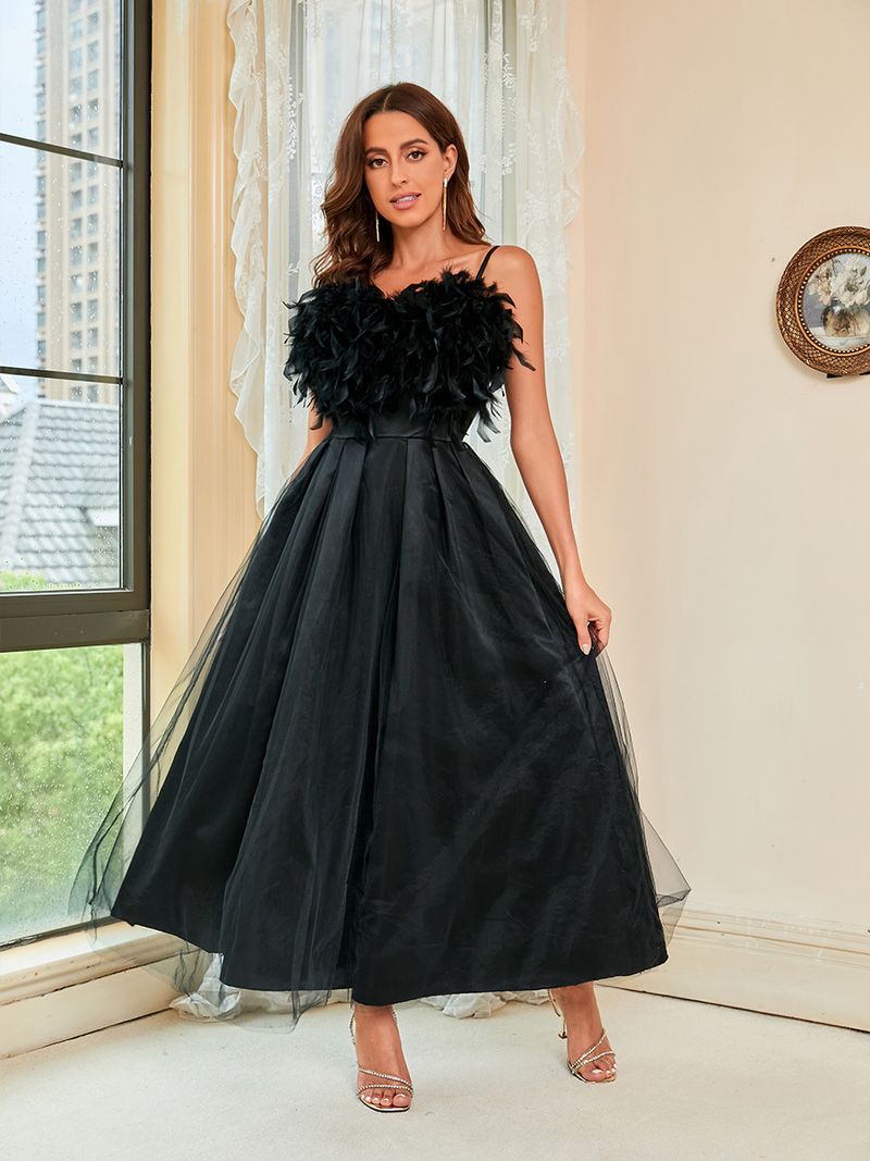 Damenbekleidung Feder Sling Mesh Abendkleid_voghion.com