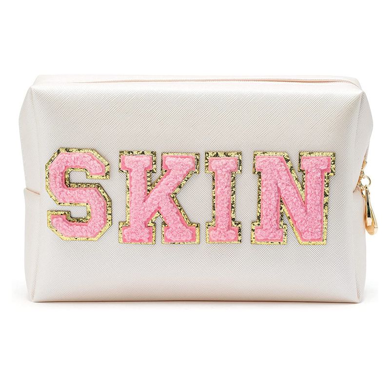 patch letter cosmetic bag sewn with pink chenille letters PU leather waterproof cosmetic bag_voghion.com