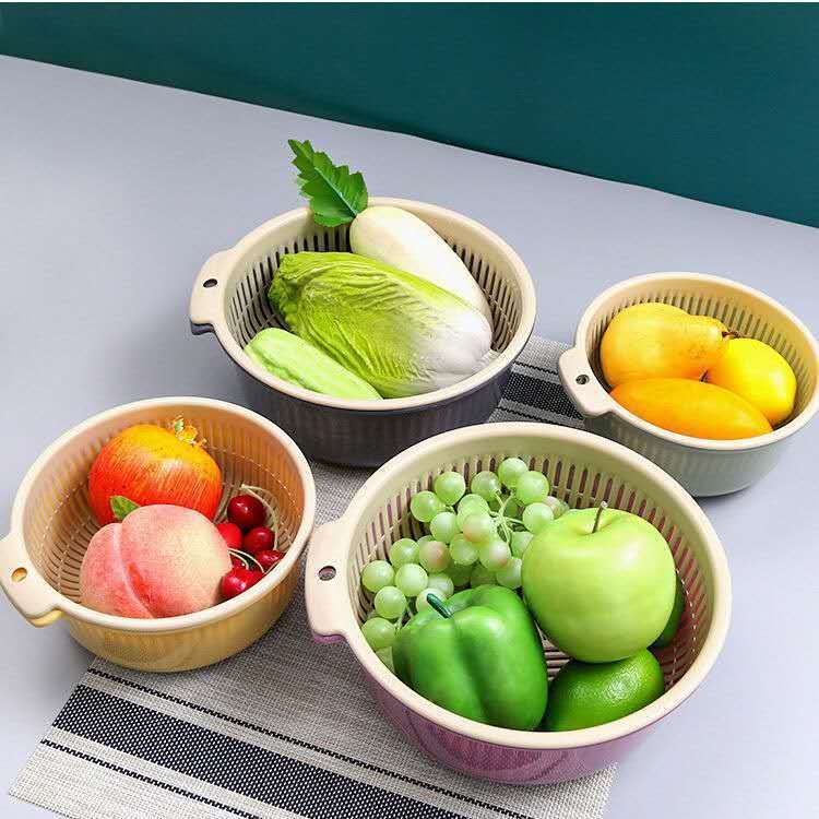 Double Layer Vegetable Washing Basin With Kitchen Artifact, Multifunctional Household Plastic Round Draining Basket,_voghion.com