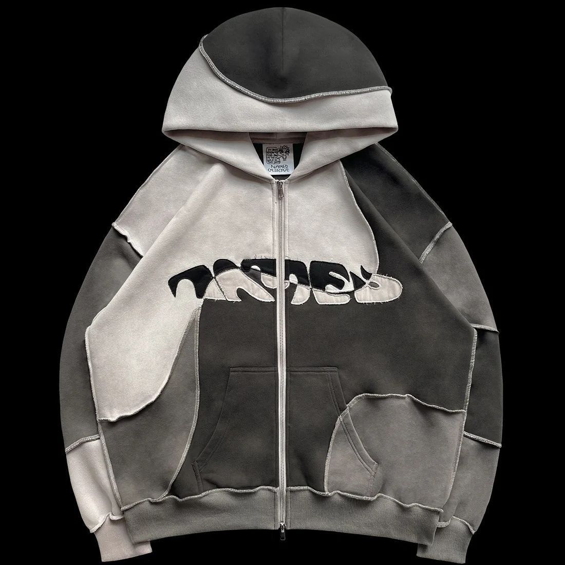 Street Style mænds patchwork farve kontrast hættetrøje med lynlås med åbent tråddesign, løstsiddende jakke og_voghion.com