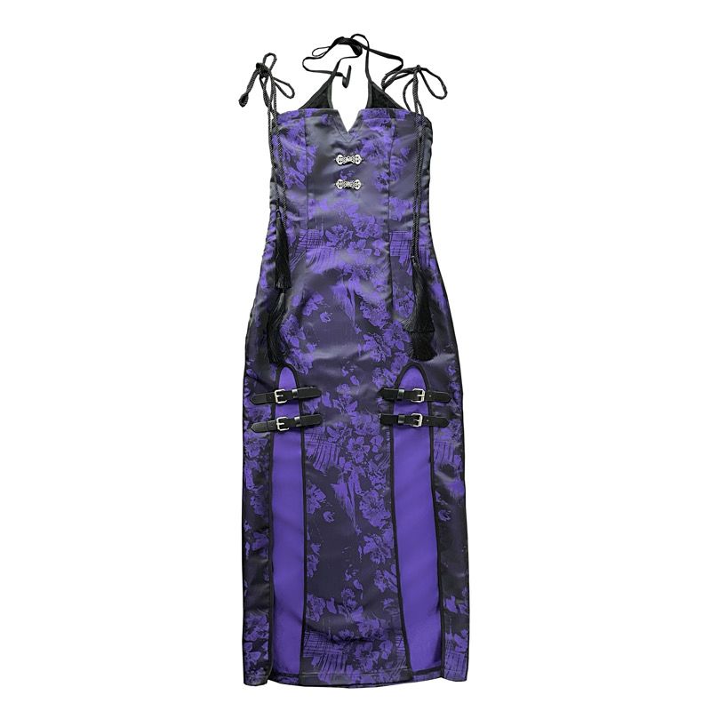 Blood giving ◆ Ninja Gothic Chinese style slit, tassel, leather buckle, hip hugging long skirt dress_voghion.com
