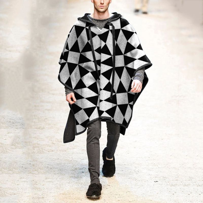 Schwarz-weißer Cape-Pullover-Cape-Wollmantel für Herren_voghion.com