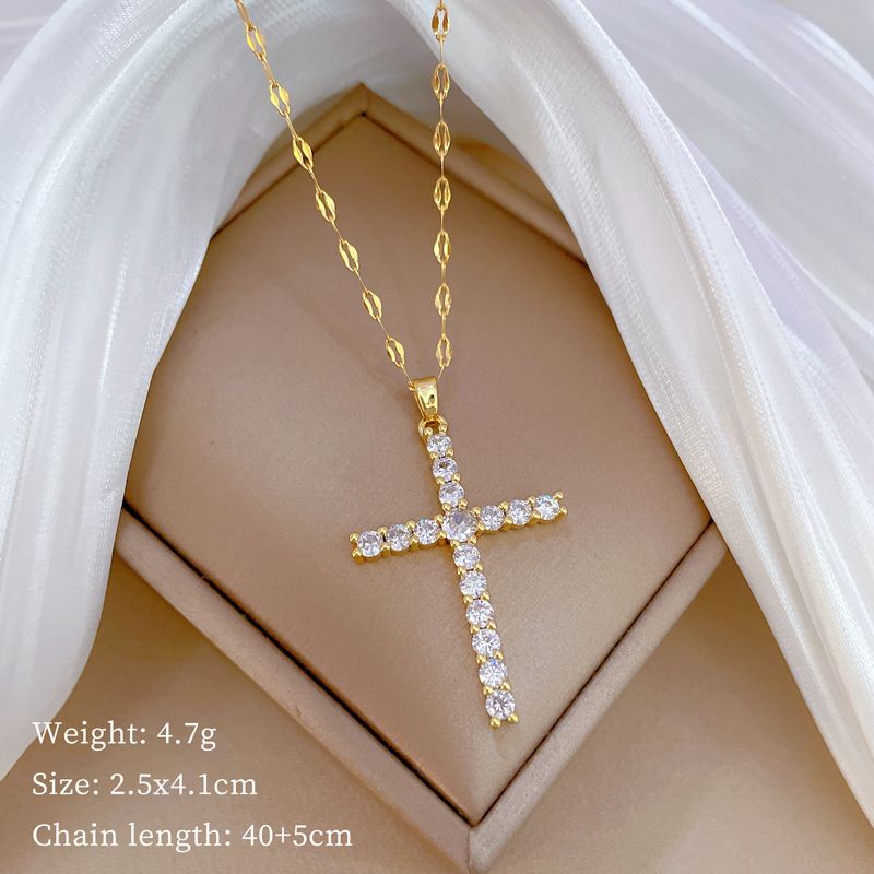 【 Titanstahl 】 Kreuz Zirkon Kupfer Mikro Intarsien Wahre Gold Galvanik Einfache Ins Internet Rot Exquisite Schlüsselbein_voghion.com