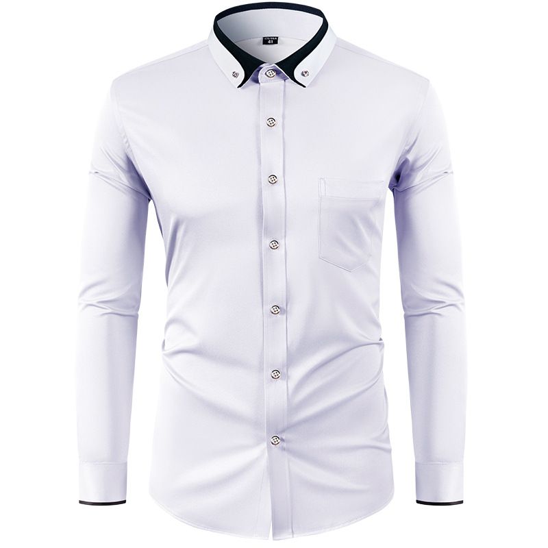 Camicia da uomo elasticizzata a maniche lunghe con colletto a contrasto e bottoni a rombo, camicia casual formale slim fit per lavoro e uso quotidiano_voghion.com