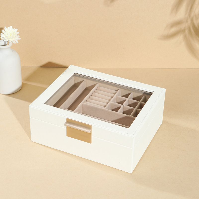 PU Zweischichtige Schmuckschatulle mit Fenster und abnehmbarem Tablett für Ohrringe, Ringe, Halsketten, Armbänder, Prinzessinnen-Schmuckschatulle_voghion.com