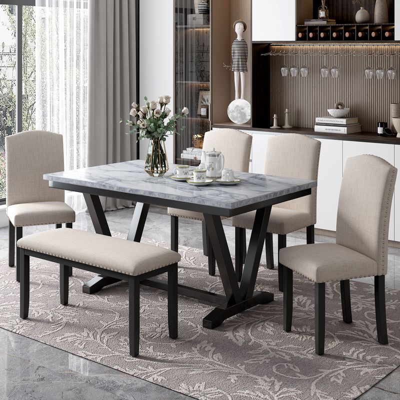 Modern Style 6-piece Dining Table with 4 Chairs & 1 Bench, Table with Marbled Veneers Tabletop and V-shaped Table Legs_voghion.com