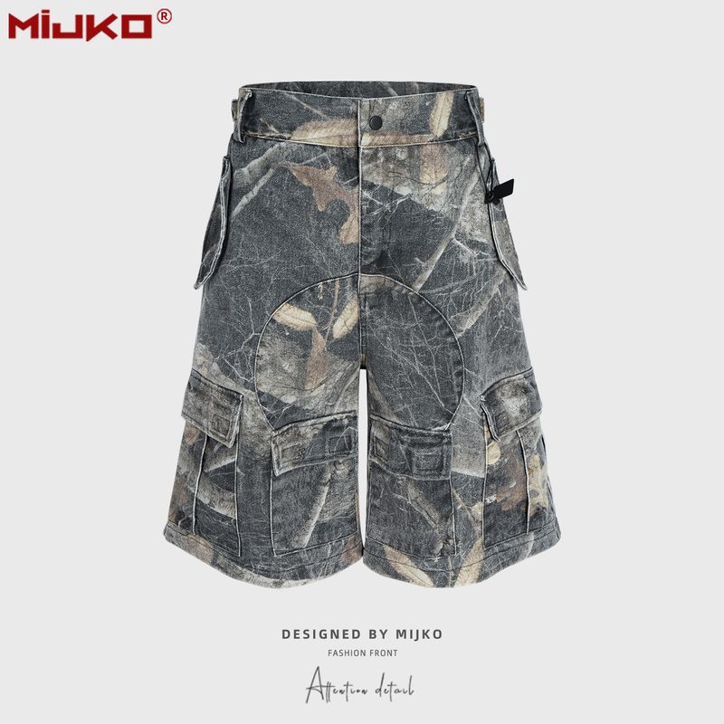 Abbigliamento uomo primavera ed estate, nuovi pantaloncini in denim con fibbia in vita, pantaloncini mimetici con rami d'albero lavati agli enzimi_voghion.com