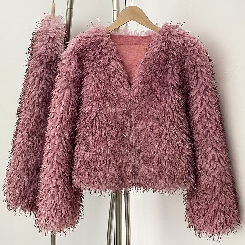 Cappotto corto in pelliccia sintetica da donna con finiture in pelle, elegante giacca invernale con scollo a V per abbigliamento casual da ufficio (rosa rosa, taglia unica per un peso fino a 132 libbre)_voghion.com