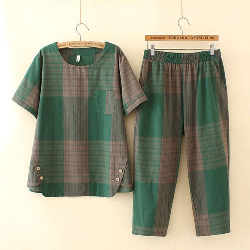 Frauen große größe plaid zwei-stück anzug vielseitig casual hosen lose top weibliche_voghion.com