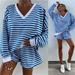Casual Striped Suit For Women V-neck Long-sleeved Loose Top Paired With Shorts In The Same Color Ladies Spring Summer 2piece Set_voghion.com