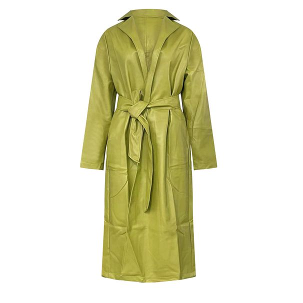 Trench lungo in pelle da donna, casual e versatile_voghion.com