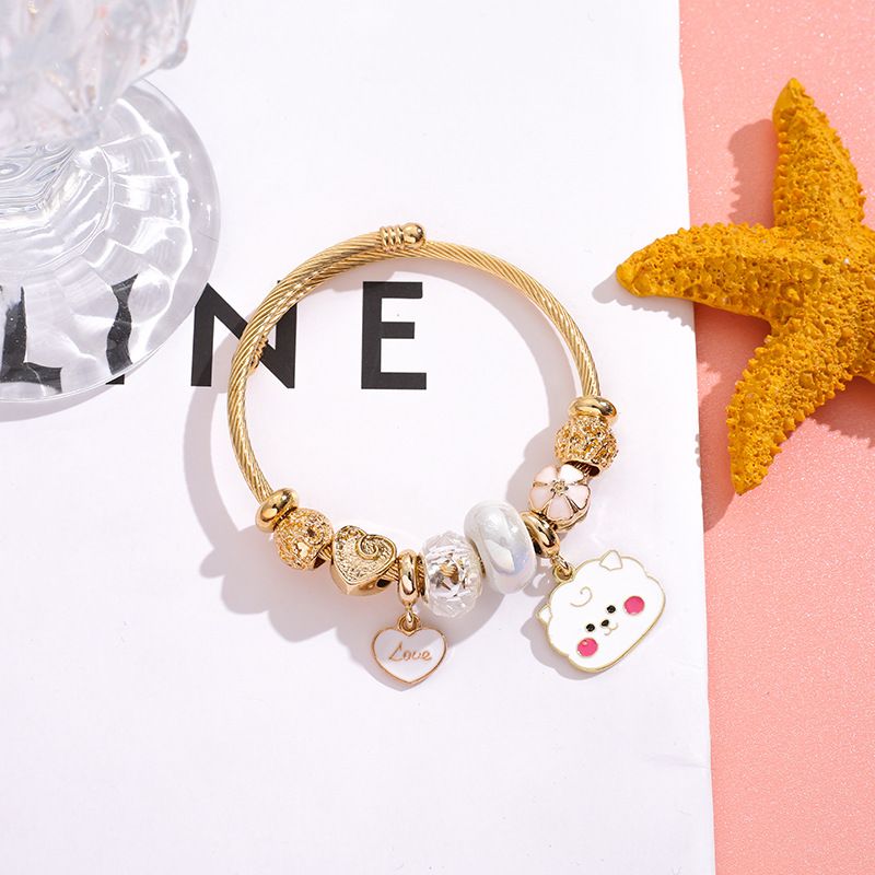 Pan's Stainless Steel For Women Trendy DIY Student Youth Group Cartoon Heart Gold Crystal Bracelet Open Bangle_voghion.com