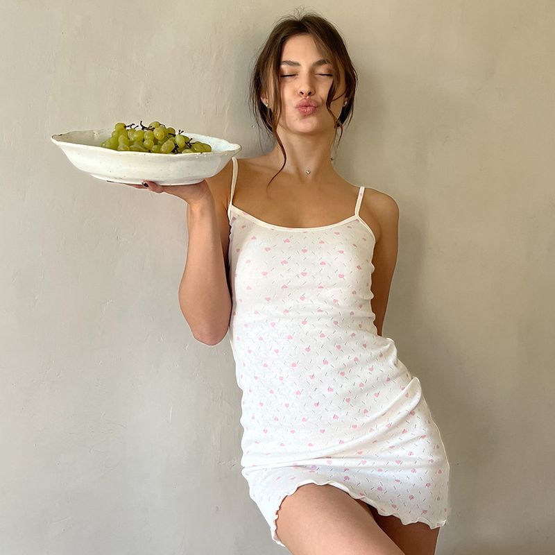 Women's Sleepwears Spring Knitted Jacquard Love Print Nightdress Suspenders Short Comfortable Breathable Female Home Clothes_voghion.com