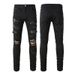 Herrenbekleidung Washed Cat Whisker Wrinkled Hole Snake Schwarz Elastic Slim Fit Skinny Jeans Jeans_voghion.com