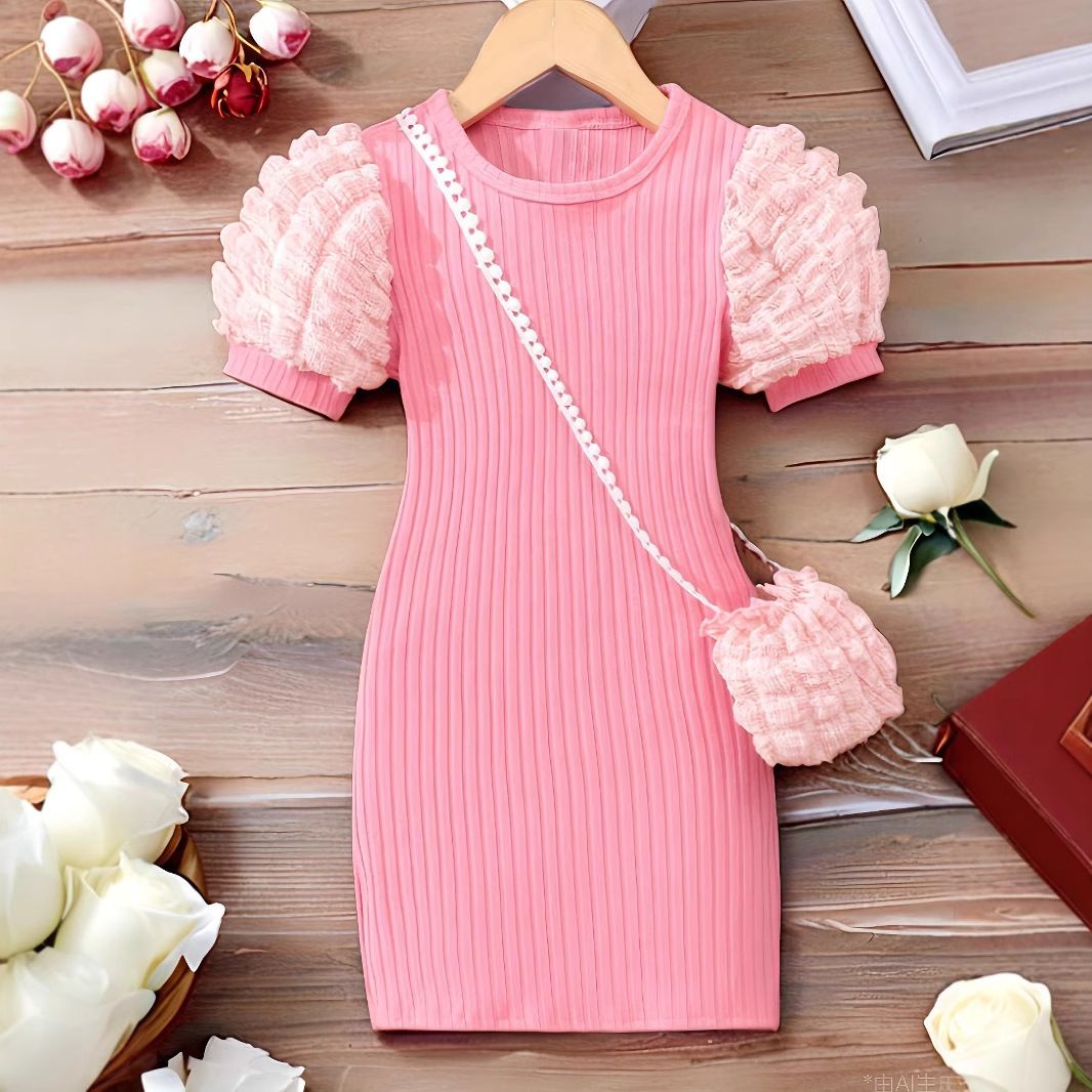 Mutter & Kinder Mädchen Kleid Leuchtend Rosa Puffärmel Mode Kleid_voghion.com