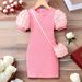 Mutter & Kinder Mädchen Kleid Leuchtend Rosa Puffärmel Mode Kleid_voghion.com