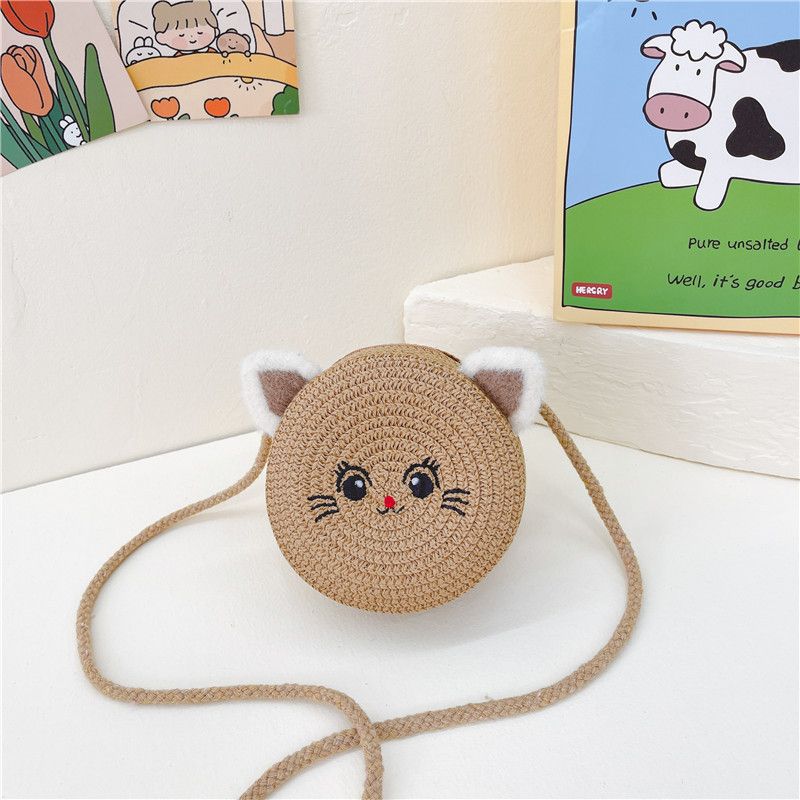 Sommar liten flicka handväska, mobiltelefon, crossbody katt, gräsvävd väska, söt mini strand naturskön plats_voghion.com