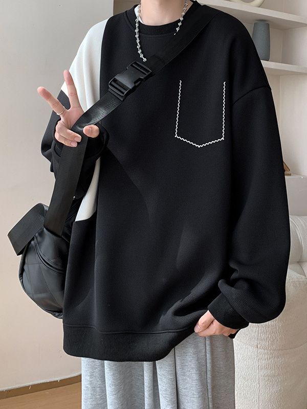 Erkekler İçin Ağır Sıklet Yuvarlak Yaka Sweatshirt - Minimalist, Düşük Omuzlu Tasarım ve Yan Cepler (M-3XL, Kırışıklık Karşıtı, Sokak Giyiminin Temel Parçası)_voghion.com