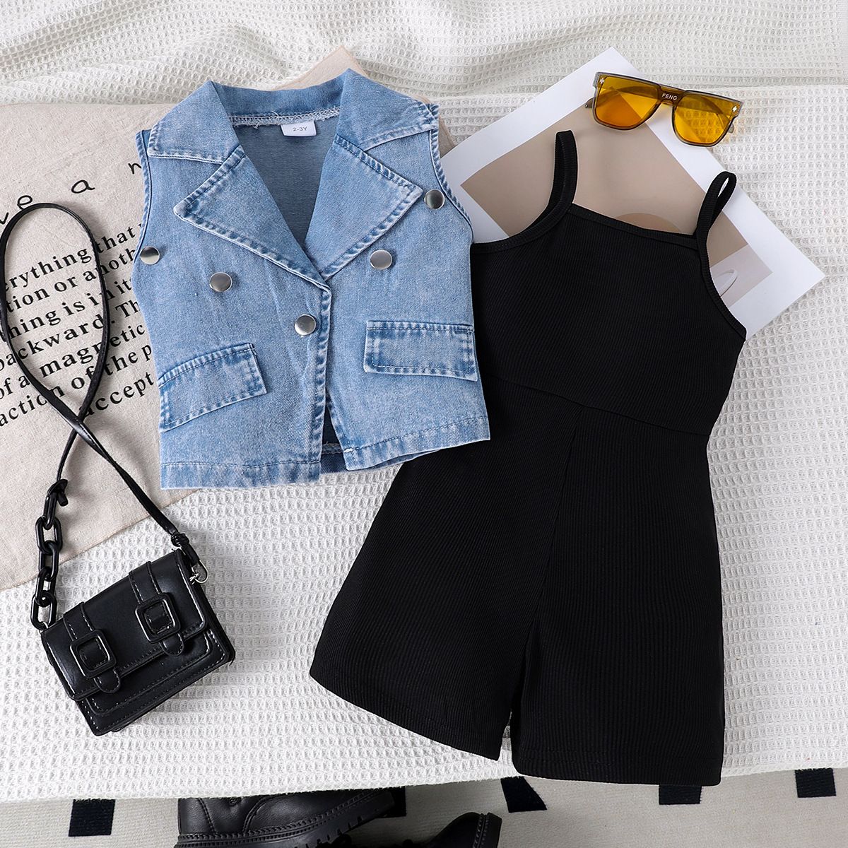 Kinderkleidung, neue Sommer-Jeansweste mit Revers für Mädchen mit einfarbigen Hosenträgern, zweiteiliger Overall_voghion.com