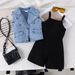 Kinderkleidung, neue Sommer-Jeansweste mit Revers für Mädchen mit einfarbigen Hosenträgern, zweiteiliger Overall_voghion.com