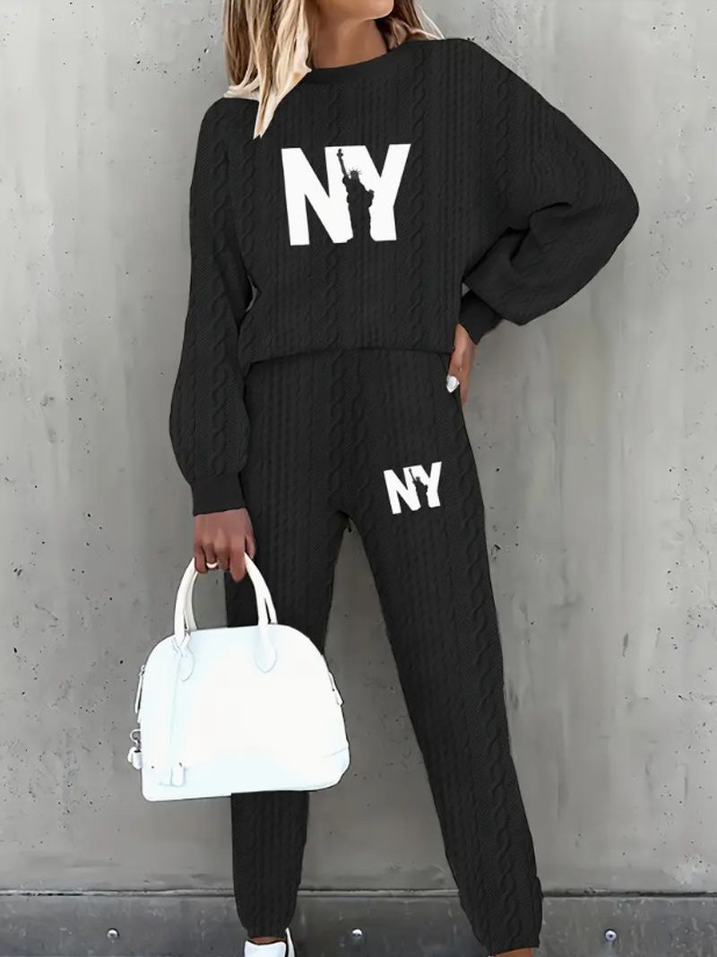 Tuta da donna stampata in due pezzi, con maglia a maniche lunghe e pantaloni con coulisse in vita, abbigliamento sportivo casual per primavera e autunno._voghion.com