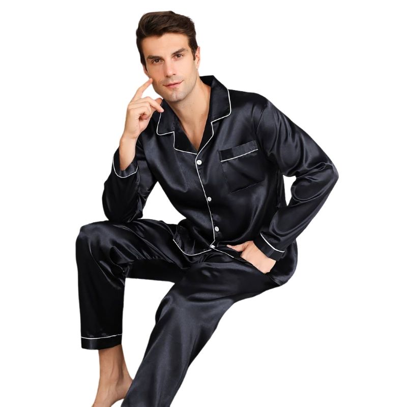 Men's Satin Pajama Set Solid Long Sleeve Lapel Front Buttons Top And Pants Breathable Fabric For Summer Sleepwear Loungewear Pjs_voghion.com