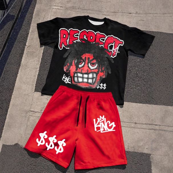 25 Years Of New Men's Summer American Street T-shirt Short Sleeves And Shorts Set Cartoon Angry Child Print_voghion.com