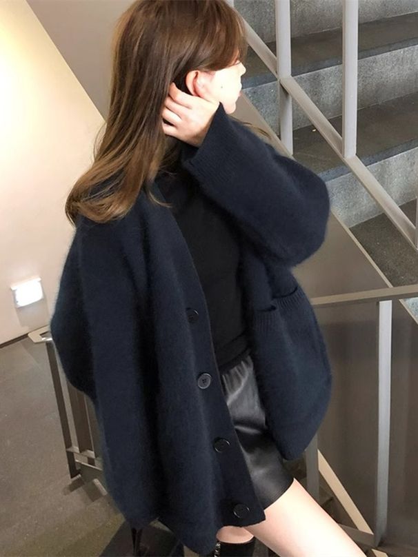 Kadınlar İçin Tembel Stil Kalın Örme Hırka, Sonbahar ve Kış Üst Sınıf Gri Vizon Kadife Yumuşak Kazak Ceket_voghion.com