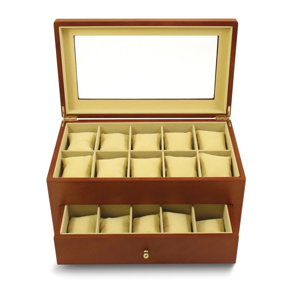 Matte Cherry Finish Glass Lid 1-Drawer Velour Lined Wooden 20-Watch Box_voghion.com