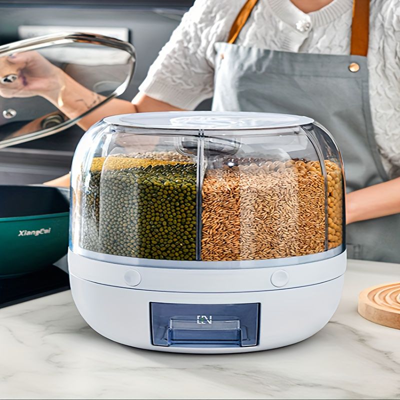 1pc 360-degree Rotating Grain Storage Box With 6 Compartments And Measuring Cup, Automatically Dispenses Rice With Press Button_voghion.com