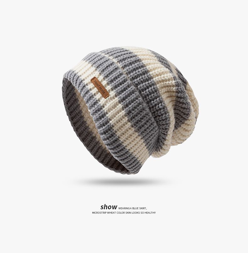 Striped Letter Loose Big Head Circumference Woolen Women, Warm Versatile In Autumn And Winter, Knitted Pile Hat For Men_voghion.com
