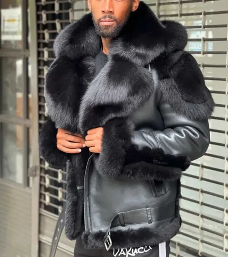 Parkas de plumón para hombre, abrigo de piel grueso con capucha y cuello grande negro para hombre 6556 T231201_voghion.com