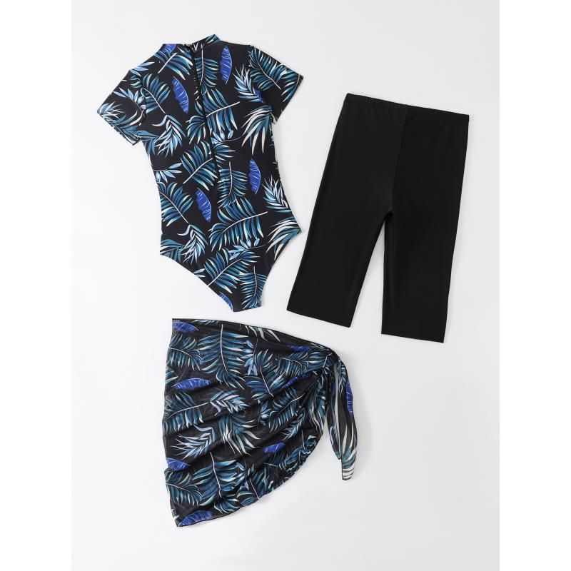 2025 New Fashion Swimsuit With Gauze Skirt Style Leaf Print Zipper Three-Piece Set_voghion.com