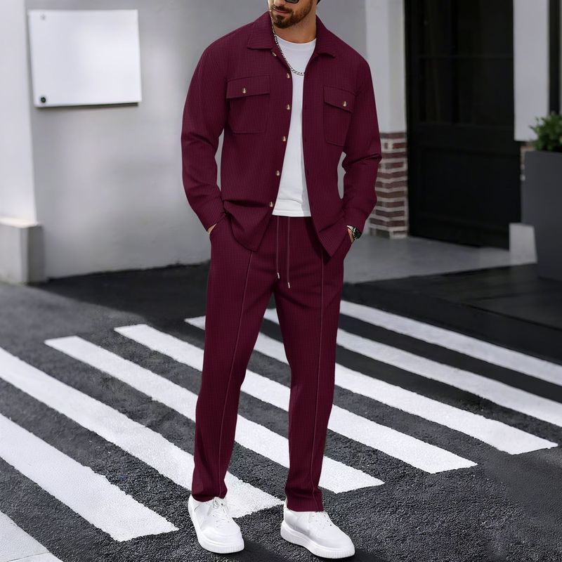 Completo da uomo con camicia a maniche lunghe e pantaloni in maglia a nido d'ape – Completo casual a due tasche (S-XXXL, Nero/Grigio/Cachi/Bianco/Rosso vino/Verde scuro)_voghion.com