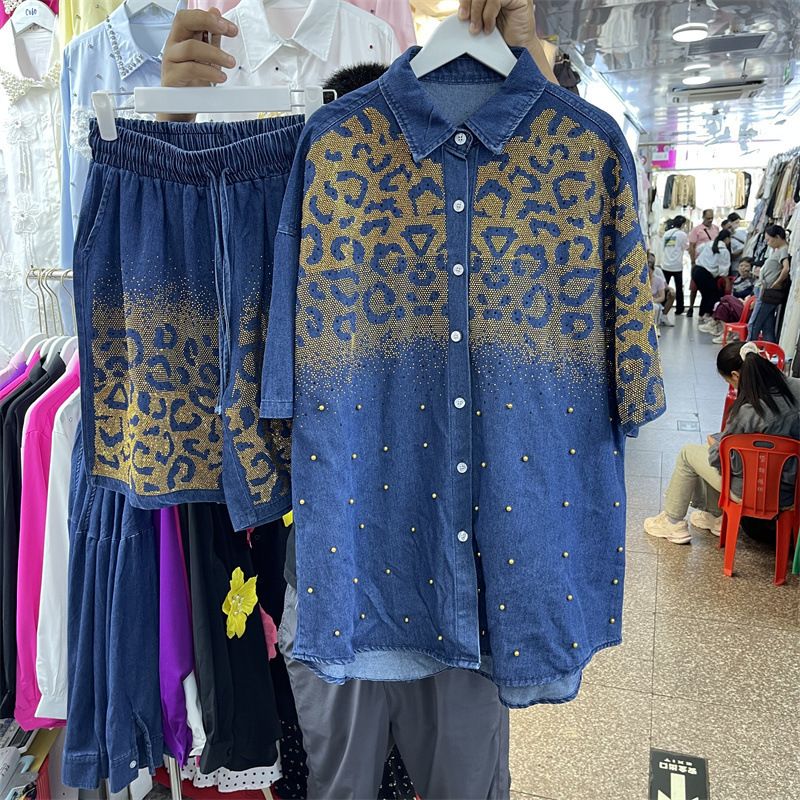 Women's Clothing Heavy Beading Hot Diamond Large Size Denim Short Sleeved Shirt Top Elastic Waist Shorts Two Piece Set_voghion.com