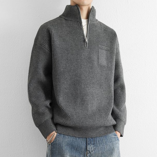 Męski sweter z dzianiny z zamkiem błyskawicznym do połowy – zimowy, ciepły sweter z ściągaczami przy mankietach (szary/khaki, M-4XL)_voghion.com