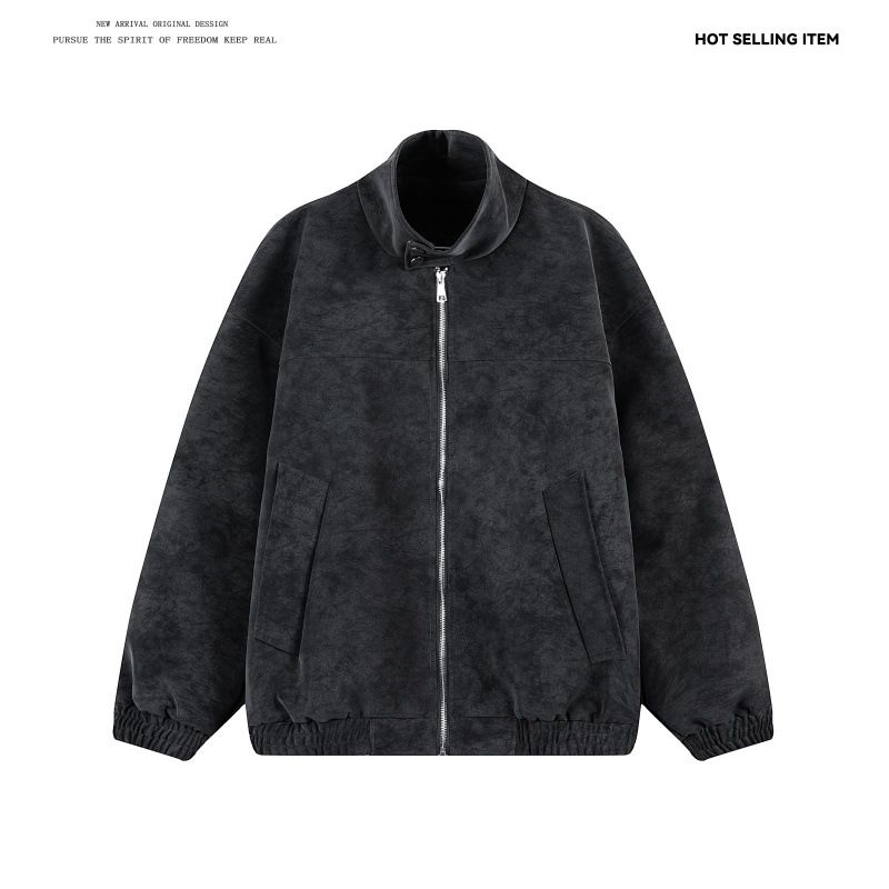 Herren Stehkragen PU Lederjacke Trendy Brand Fashion Retro Stehkragen Tie Dye Loose Jacket Coat_voghion.com