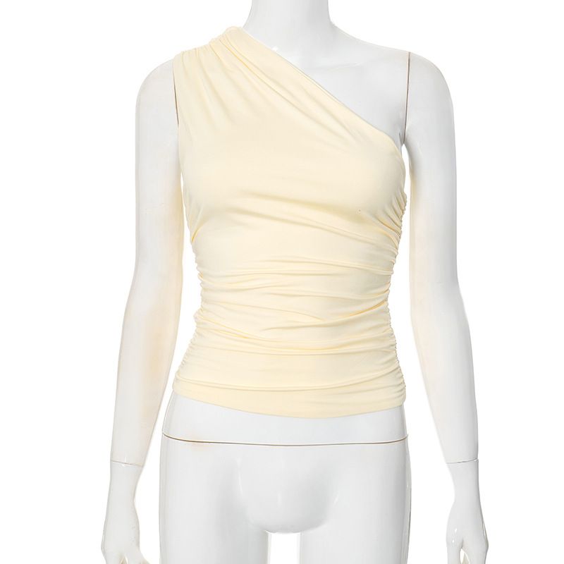 Dameskleding Nieuwe effen kleur Een schouder Rugloos Geplooid Vest Top T-shirt Vrouwelijk_voghion.com