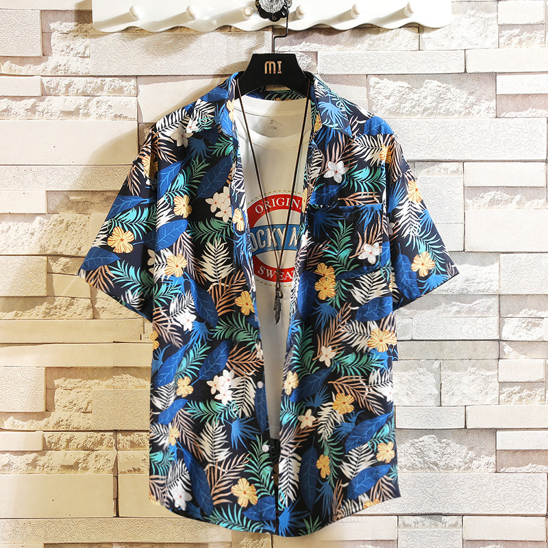 Chemise décontractée d'été de style Hong Kong, hauts amples à manches cinq points, chemise hawaïenne à manches courtes tendance de style coréen pour hommes_voghion.com