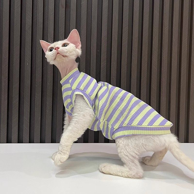 Gilet estivo a righe in puro cotone con aria condizionata, elasticità elevata, comodo, sottile, per gatti Sphynx Devon Rex senza peli_voghion.com