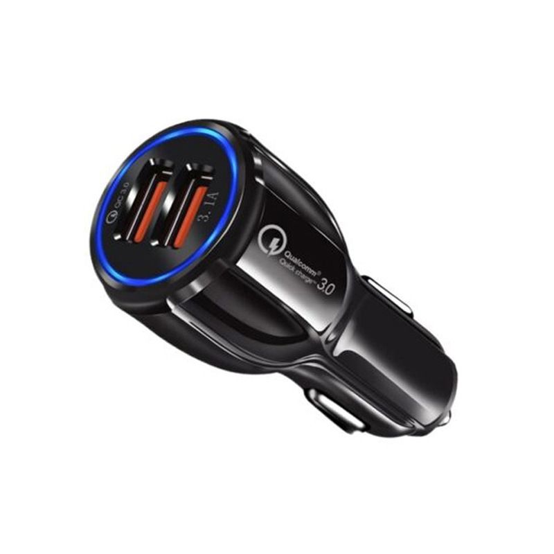 Dubbele USB QC3.0 snelle autolader met 6A-uitgang en LED-halo – compacte 12V/24V autolader voor snel opladen onderweg_voghion.com