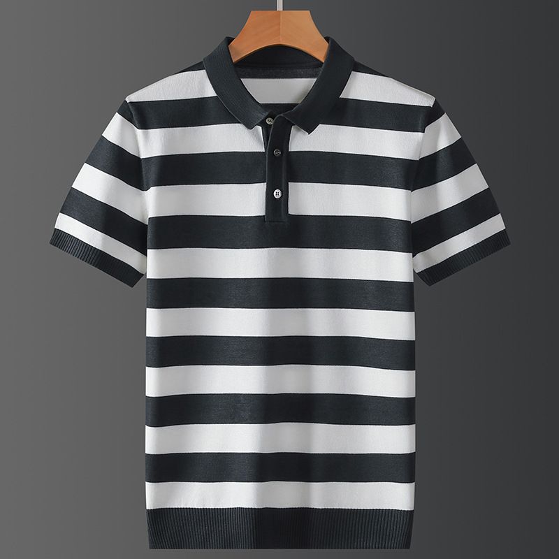 men's clothing contrast color lapel striped POLO shirt T-shirt boys summer British slim light luxury short-sleeved shirt tops_voghion.com