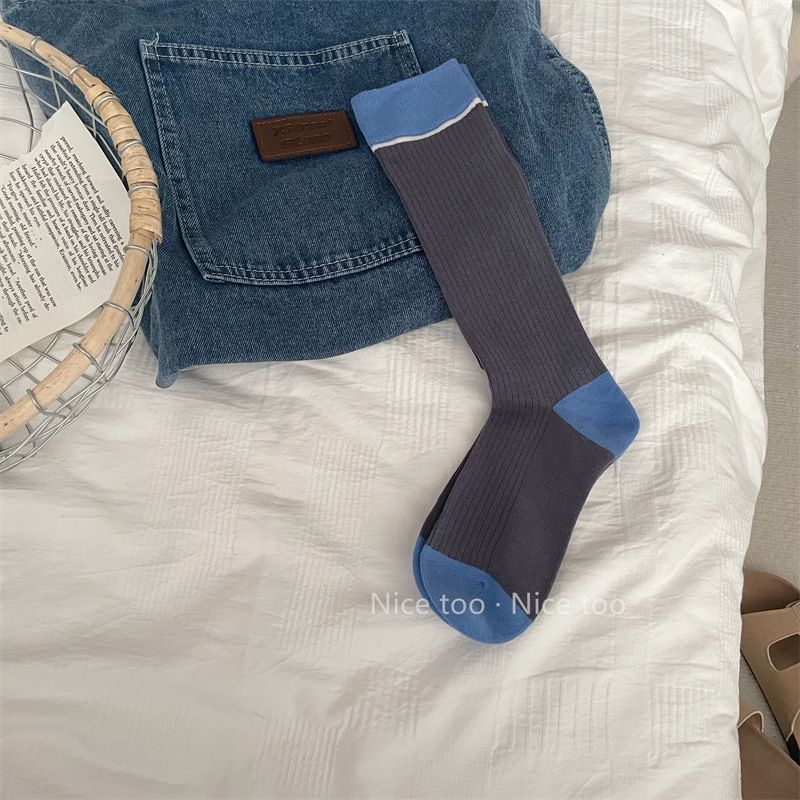 Calf For Women Spring And Autumn Color Block Gray Blue Long Ins Style High Tube Vertical Striped Pile Socks_voghion.com
