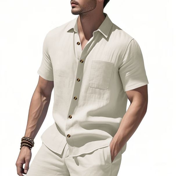 Summer Men's Woven Lapel Solid Color Large Size Casual Simple Business Short Sleeved Shirt Men_voghion.com