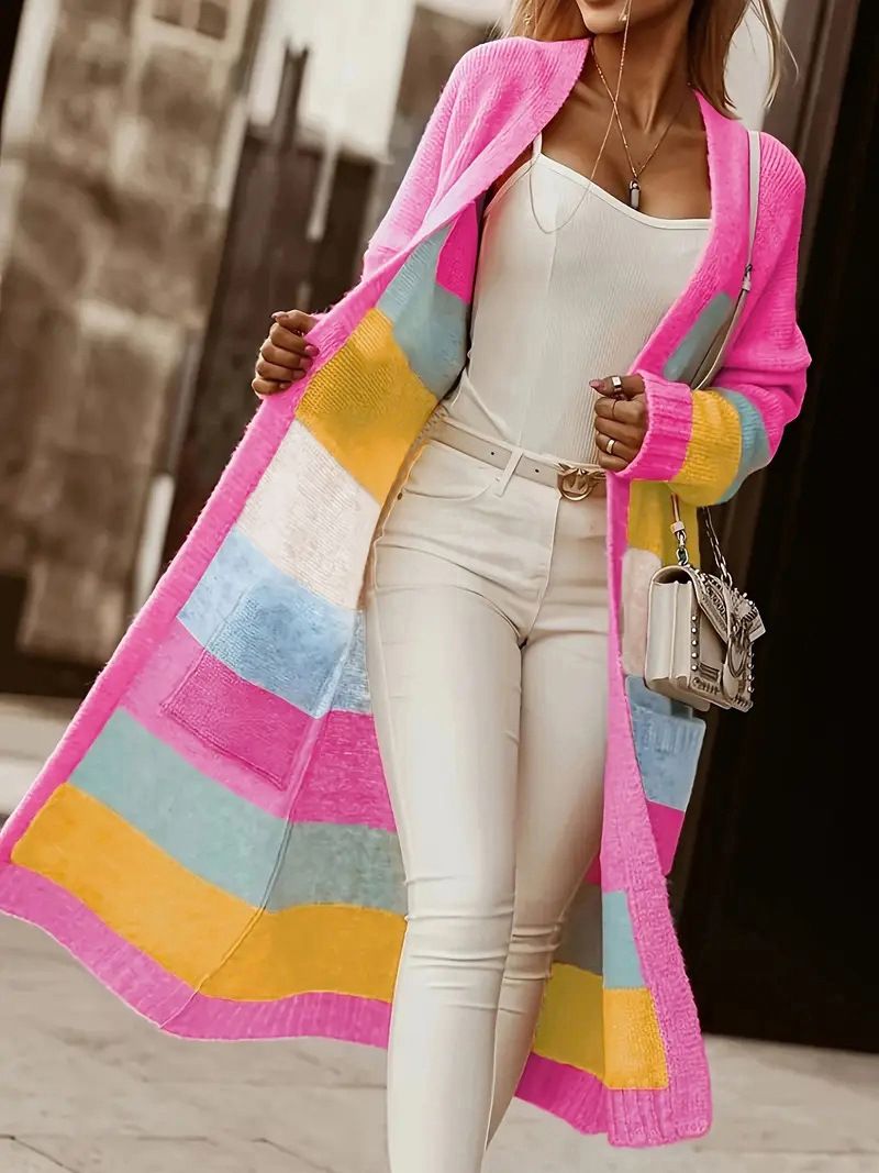 Cardigan oversize à rayures arc-en-ciel pour femme – Long col en V en tricot cache-cœur (S-XL) – Vêtement de détente bohème en mélange rayonne-polyester_voghion.com