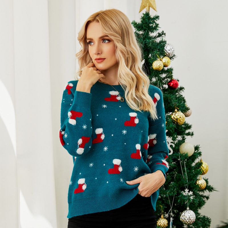 Weihnachtspullover für Damen, Jacquard, Weihnachtsmannmütze, süßer Strickpullover mit langen Ärmeln_voghion.com