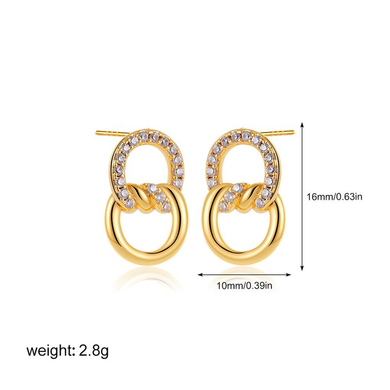 Damenschmuck K Gold Doppel-D-Ring Mikro-eingelegte Zirkonknoten-Ohrringe Hohl Exquisite Vielseitige Einfache Ruhige Luxus-Ohrringe_voghion.com
