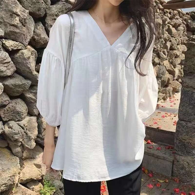 Abito estivo coreano Chic2025, nuova bambola con top a sette maniche, camicia ampia con scollo a V e fondo a sbuffo._voghion.com